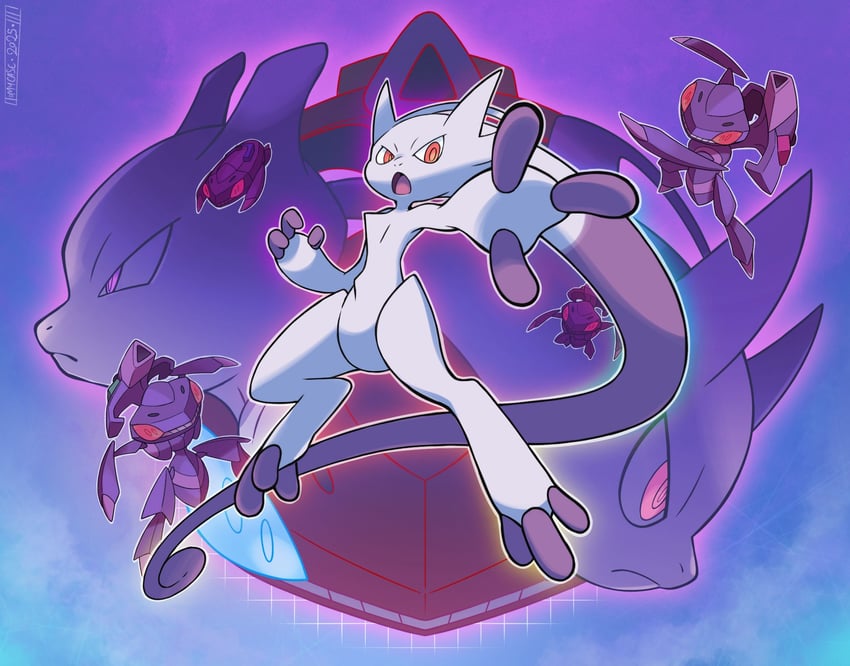 mewtwo, mega mewtwo y, and genesect (pokemon) drawn by tomycase