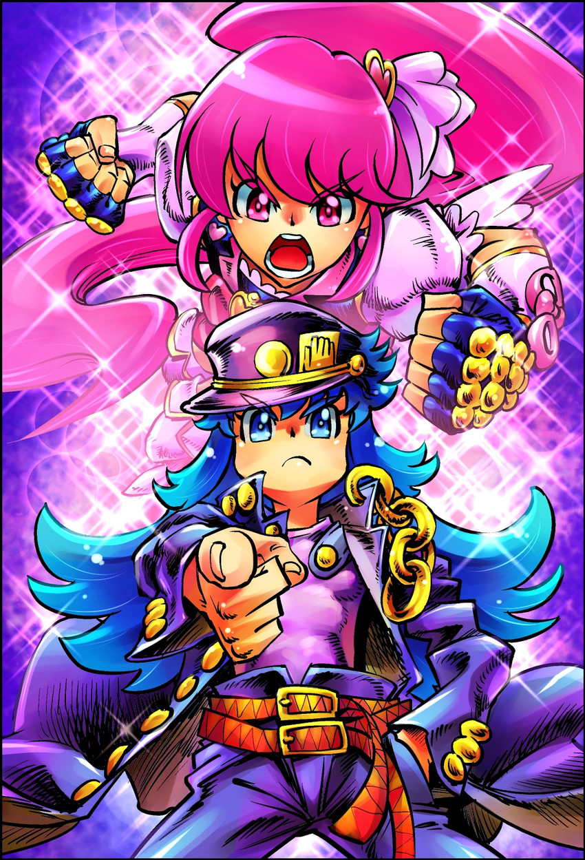 kujo jotaro, shirayuki hime, star platinum, aino megumi, cure lovely, and 1 more (precure and 3 more) drawn by yamashiro_yoshifumi
