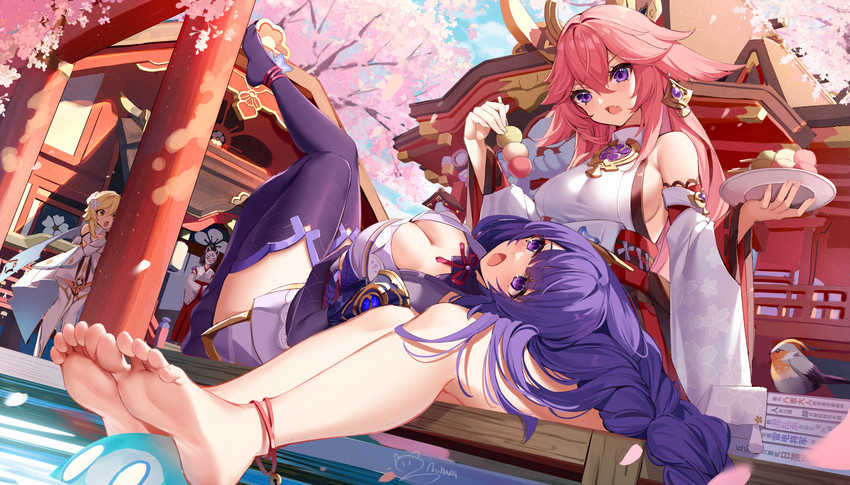 lumine, raiden shogun, yae miko, slime, and hanachirusato (genshin impact) drawn by nahaki
