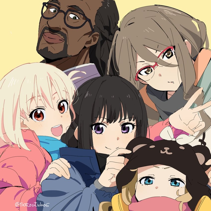 nishikigi chisato, inoue takina, kurumi, nakahara mizuki, and mika (lycoris recoil) drawn by satou_asuka