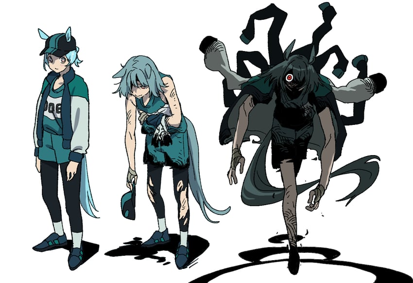 cyan, garbage bin, nighttime knifemare, and oob (horse race tests) drawn by meka_aoratos