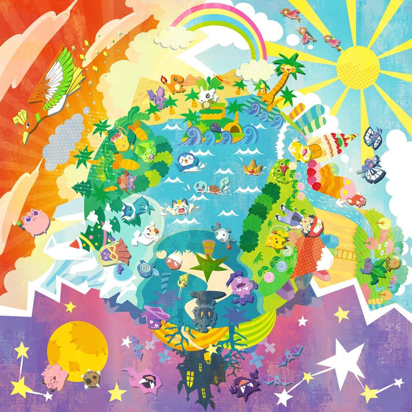 pikachu, ash ketchum, bulbasaur, vaporeon, jigglypuff, and 30 more (pokemon) drawn by imomushi_(pixiv_9001433)