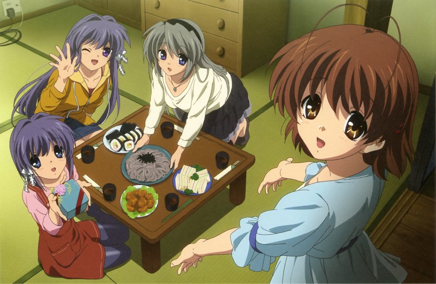 furukawa nagisa, fujibayashi kyou, sakagami tomoyo, and fujibayashi ryou (clannad) drawn by takahashi_mariko