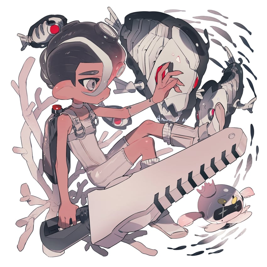 octoling player character, pearl, octoling boy, agent 8, pearl drone, and 2 more (splatoon and 2 more) drawn by amaodd221