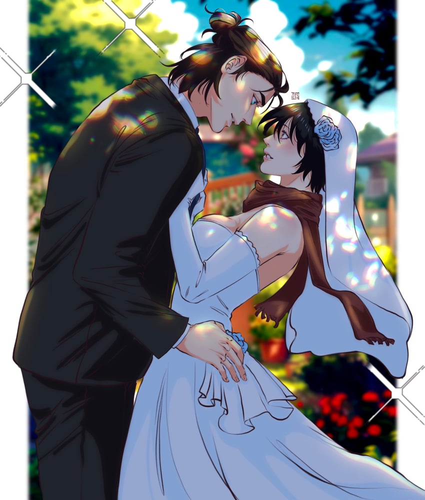mikasa ackerman and eren yeager (shingeki no kyojin) drawn by anaiessan