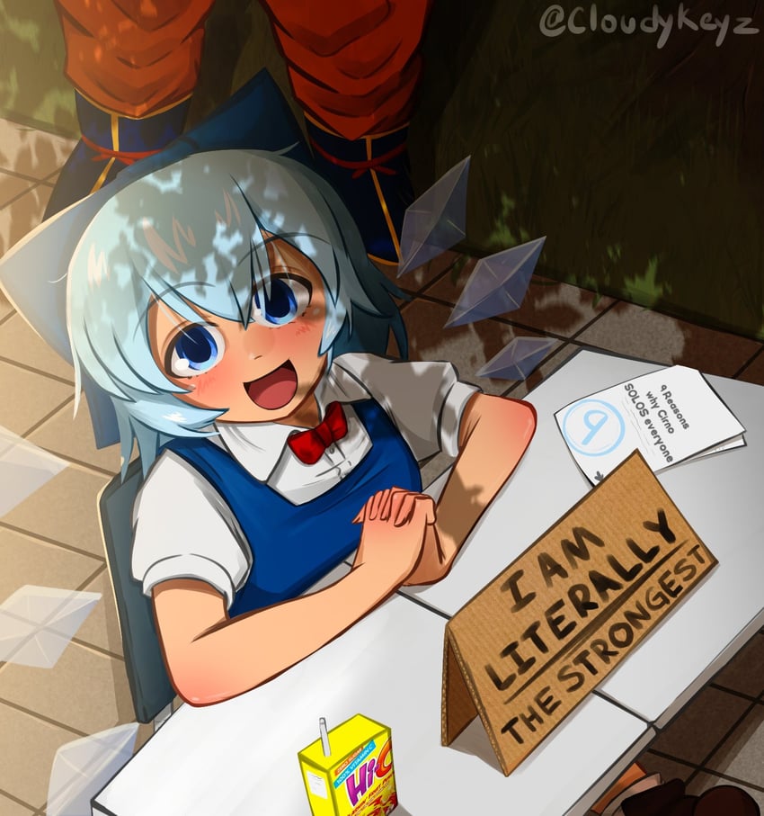 cirno and son goku (touhou and 1 more) drawn by cloudykeyz