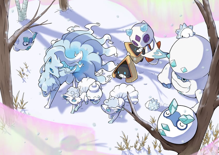 alolan vulpix, froslass, snom, vanillite, alolan ninetales, and 3 more (pokemon) drawn by q-chan