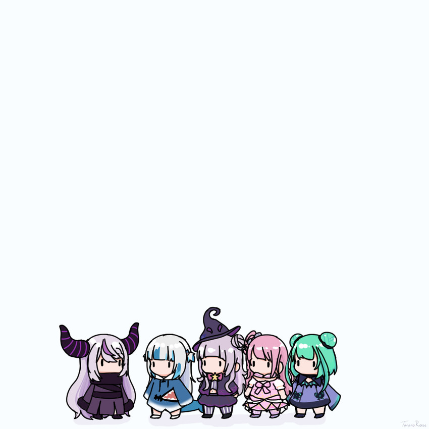 gawr gura, la+ darknesss, murasaki shion, uruha rushia, and himemori luna (hololive and 1 more) drawn by torororose