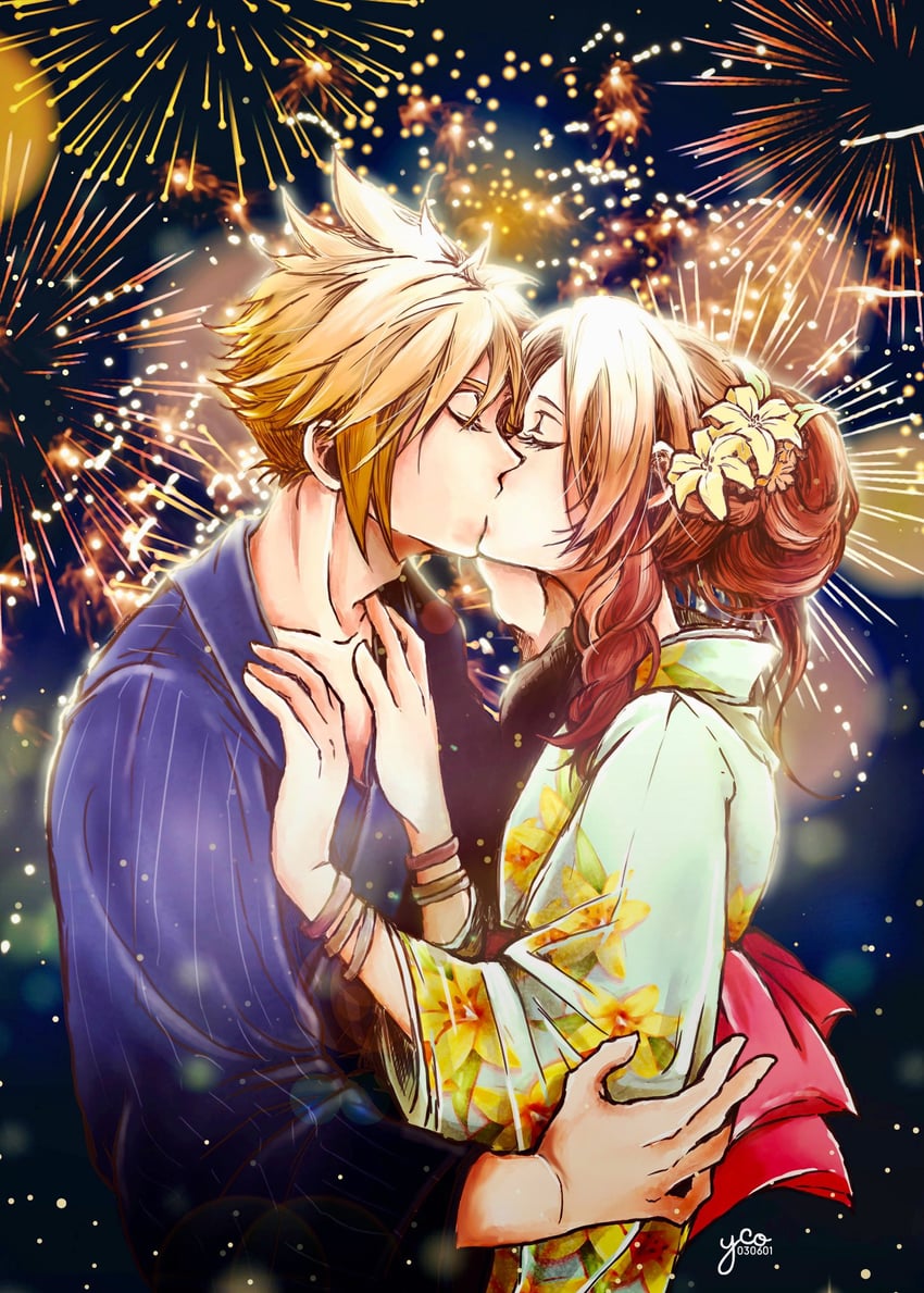 cloud strife and aerith gainsborough (final fantasy and 2 more) drawn by yco_030601