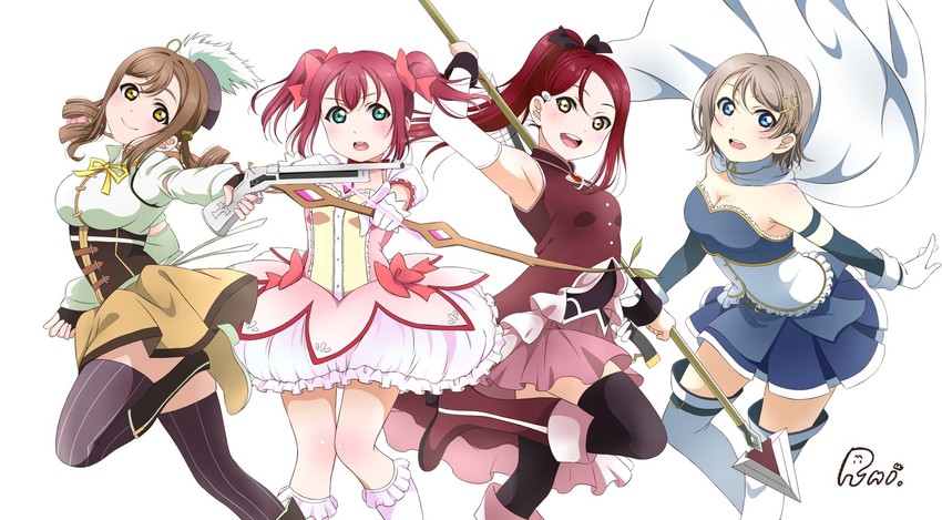 kaname madoka, miki sayaka, sakura kyoko, tomoe mami, watanabe you, and 3 more (love live! and 2 more) drawn by runi_(87025)