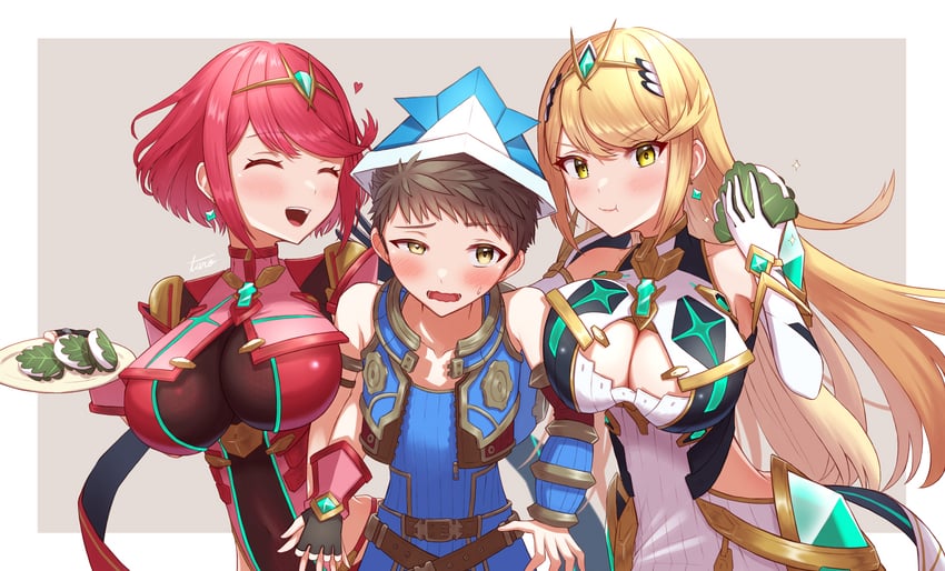 pyra, mythra, and rex (xenoblade chronicles and 1 more) drawn by taro_(peach_taro51)