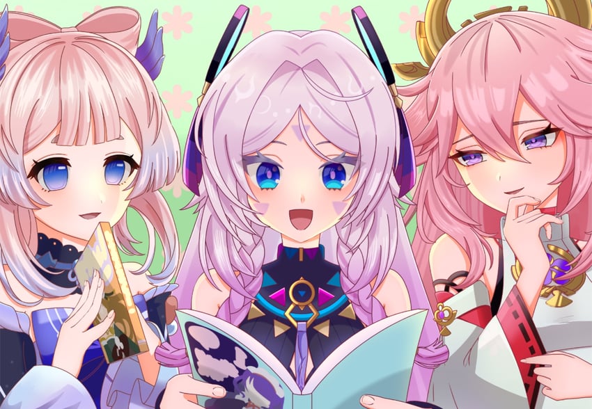 yae miko, sangonomiya kokomi, and citlali (genshin impact) drawn by mugen_kinisii