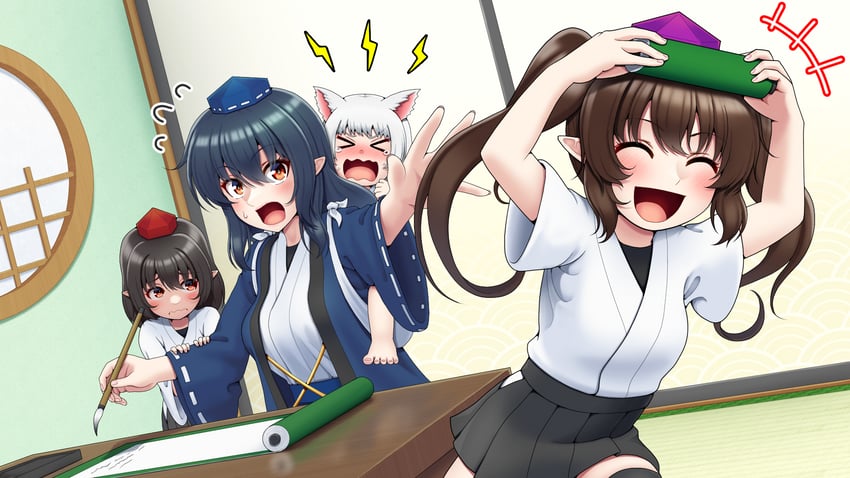 shameimaru aya, inubashiri momiji, himekaidou hatate, and iizunamaru megumu (touhou) drawn by tatsu_toyoyo