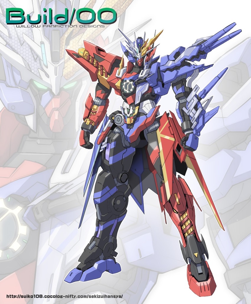 gundam exia, kamen rider build, and 00 gundam (gundam and 3 more) drawn by yanagi_joe