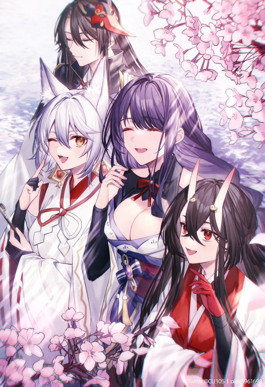 raiden shogun, kitsune saiguu, chiyo, and sasayuri (genshin impact) drawn by coyucom