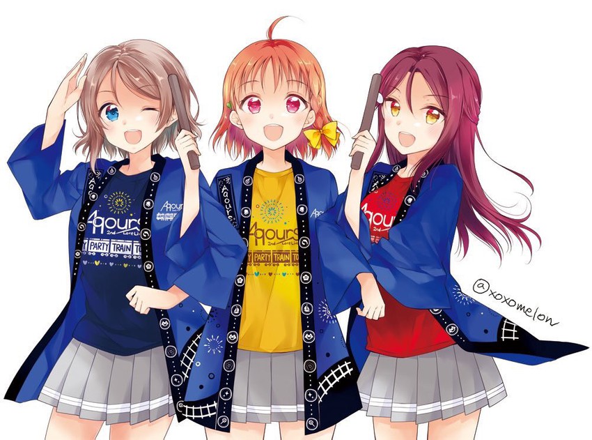 watanabe you, sakurauchi riko, and takami chika (love live! and 1 more) drawn by peke_(xoxo_melon)
