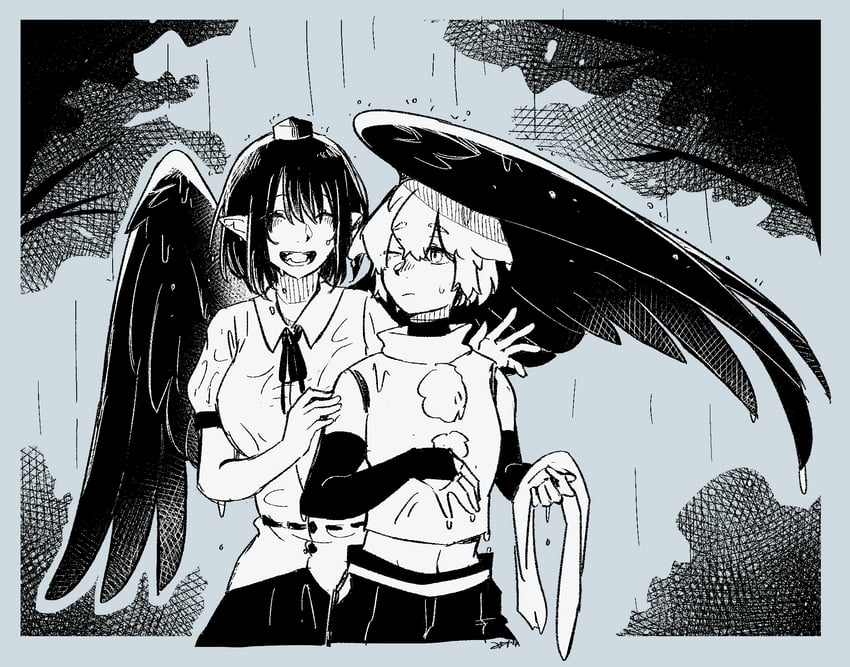 shameimaru aya and inubashiri momiji (touhou) drawn by min.k