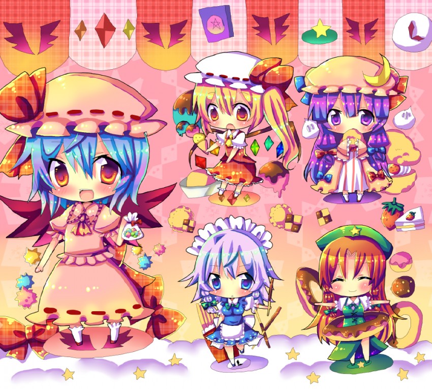 remilia scarlet, flandre scarlet, izayoi sakuya, patchouli knowledge, and hong meiling (touhou) drawn by chocolat_(momoiro_piano)