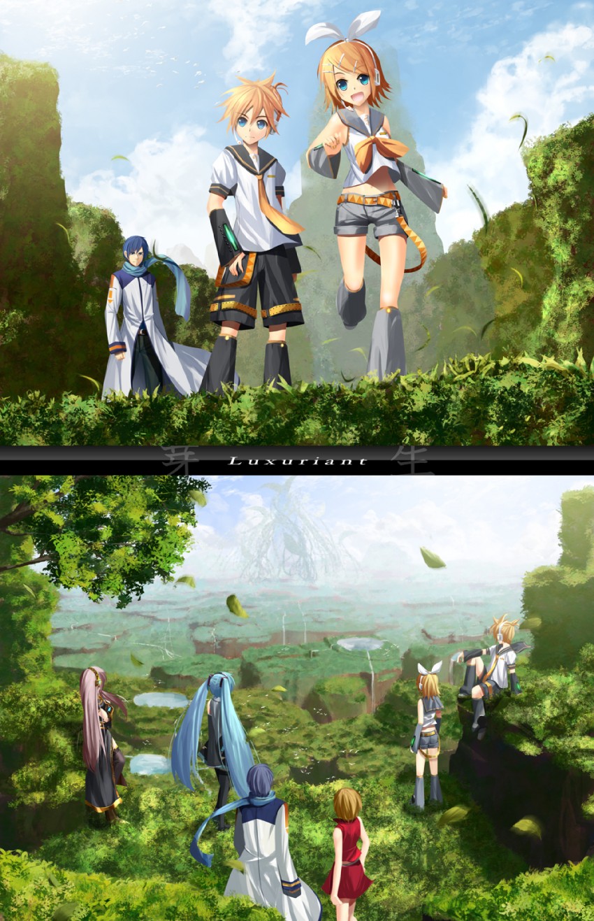 hatsune miku, kagamine rin, kagamine len, megurine luka, kaito, and 1 more (vocaloid) drawn by kouji_(astral_reverie)