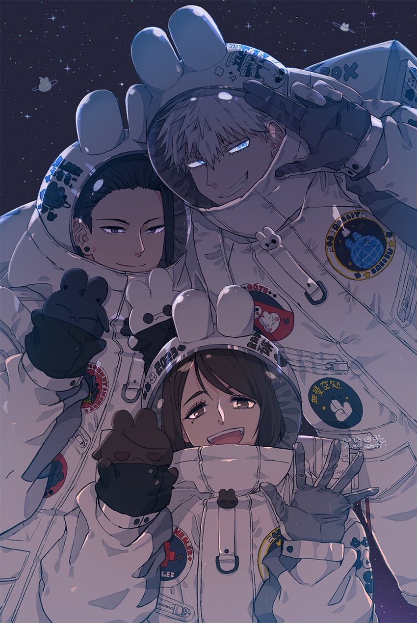 gojou satoru, getou suguru, and ieiri shoko (jujutsu kaisen) drawn by kuun_(god_khunbam)