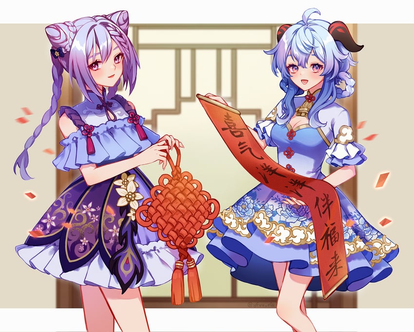 ganyu and keqing (genshin impact) drawn by ria_(yfvv_ria)
