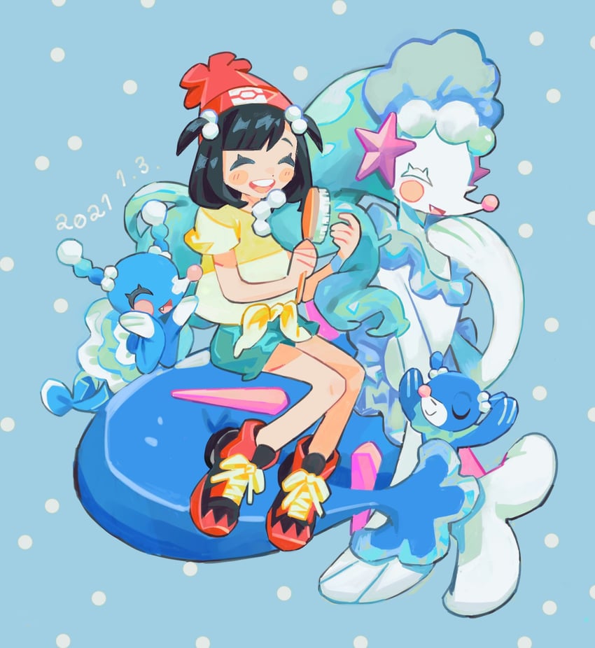 selene, popplio, primarina, and brionne (pokemon and 1 more) drawn by bachikori-ken