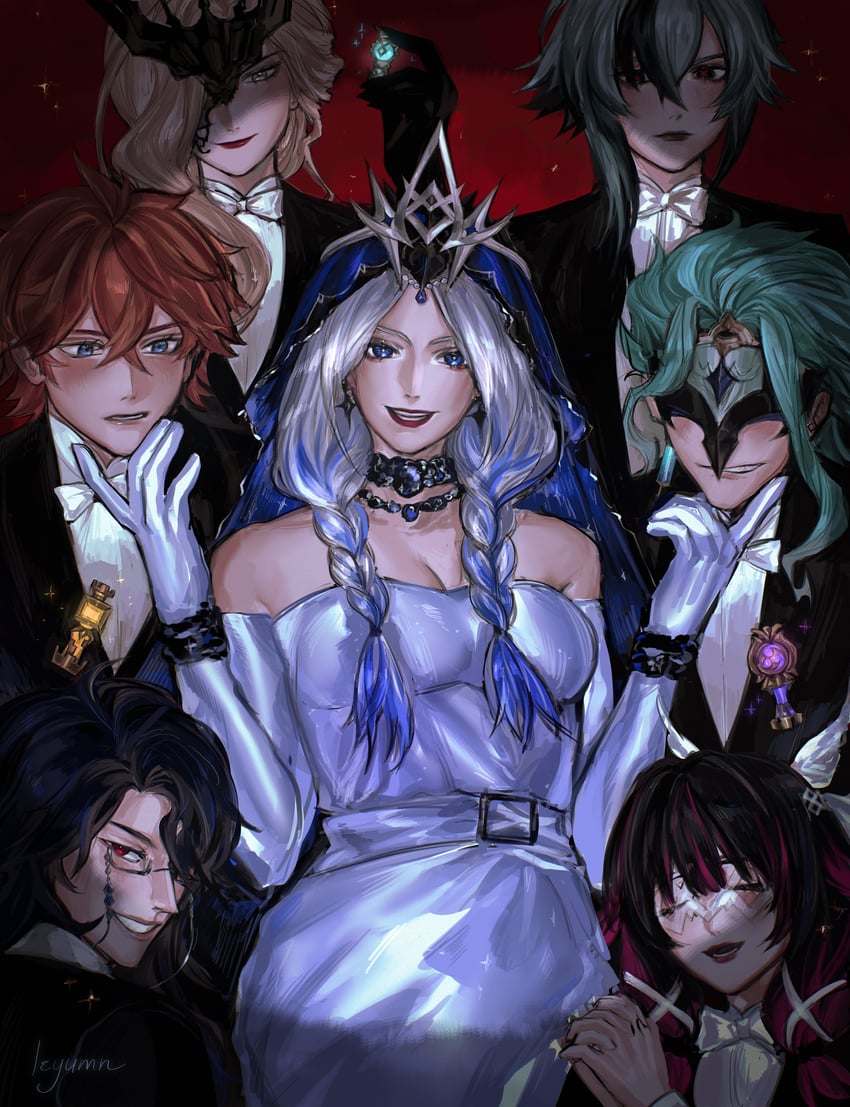 tartaglia, arlecchino, columbina, signora, dottore, and 2 more (genshin impact) drawn by izyumn