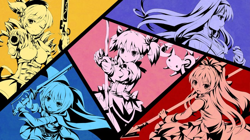 akemi homura, kaname madoka, miki sayaka, sakura kyoko, tomoe mami, and 1 more (mahou shoujo madoka magica) drawn by michii_yuuki