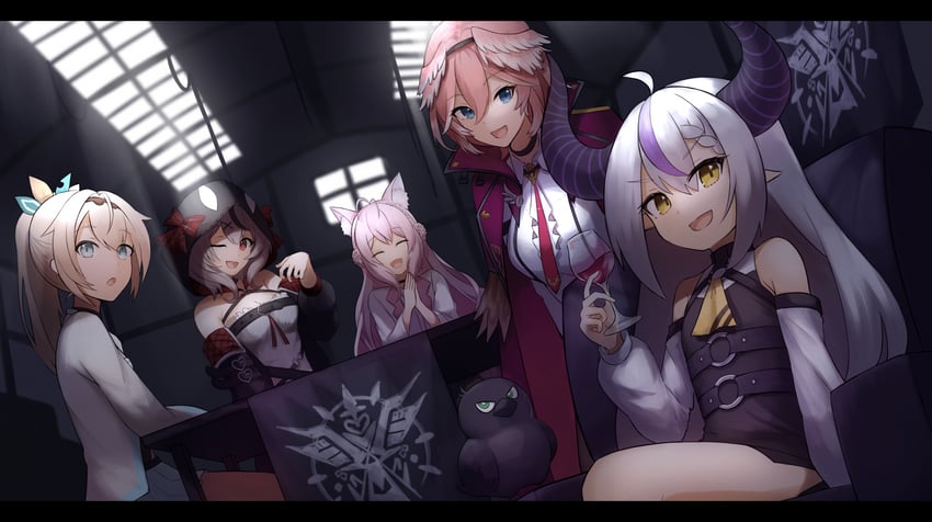 sakamata chloe, la+ darknesss, hakui koyori, kazama iroha, takane lui, and 1 more (hololive) drawn by pyonsan