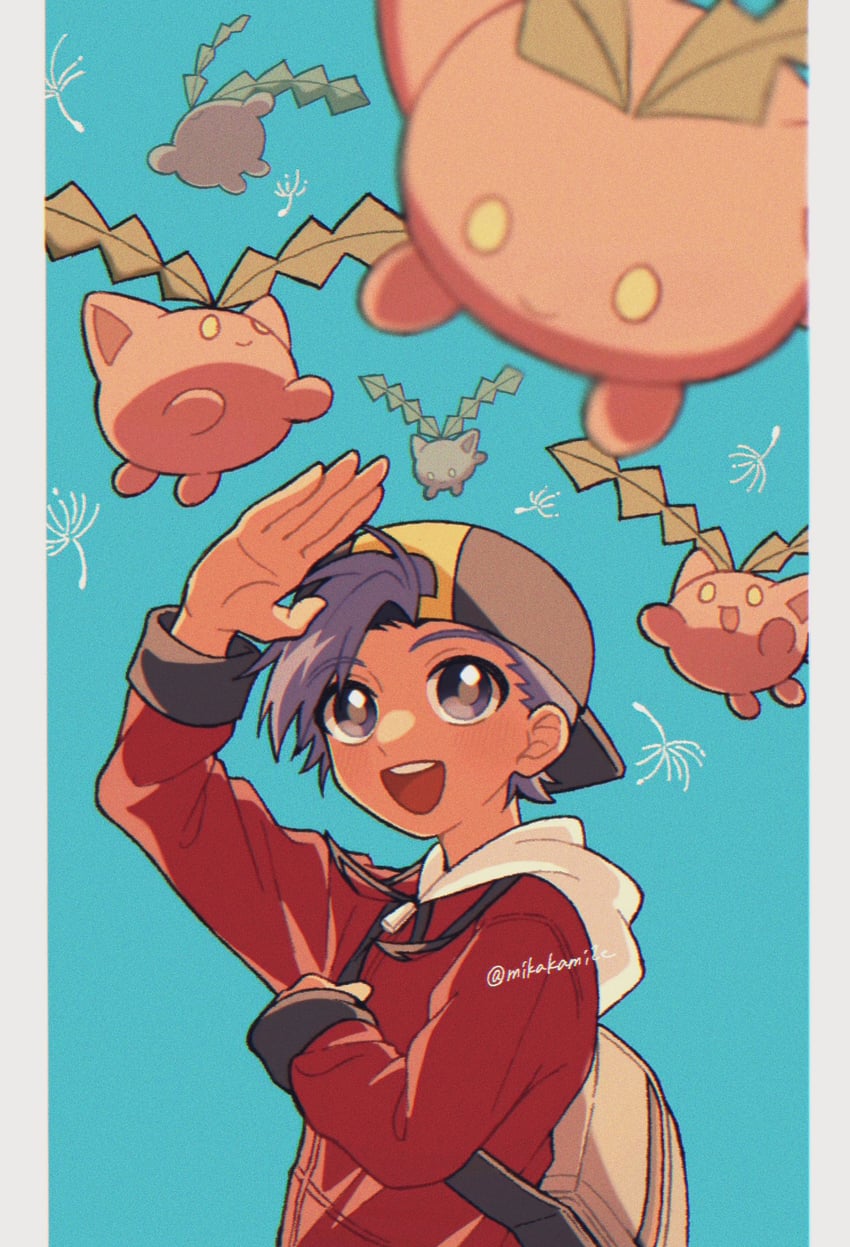 ethan and hoppip (pokemon and 1 more) drawn by mikakami1e