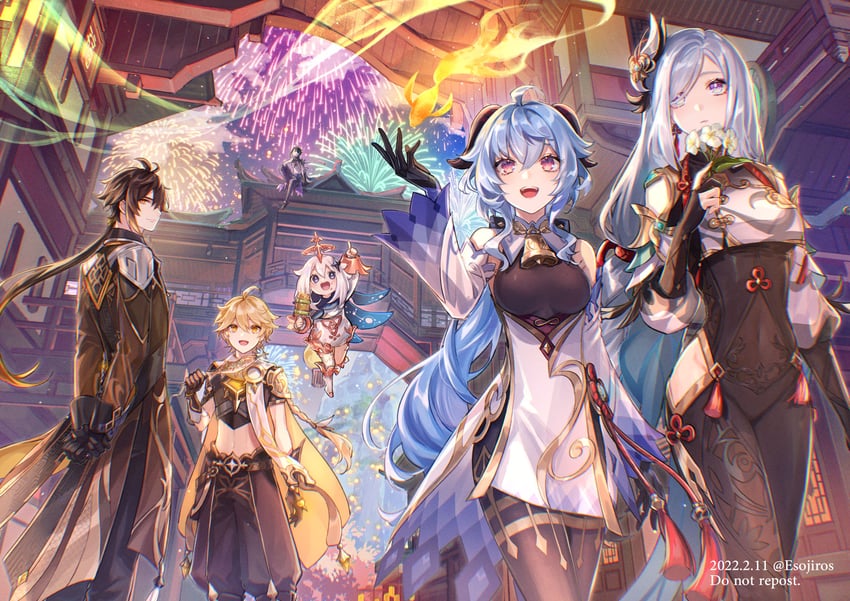 ganyu, aether, zhongli, paimon, shenhe, and 1 more (genshin impact) drawn by amaichi_esora