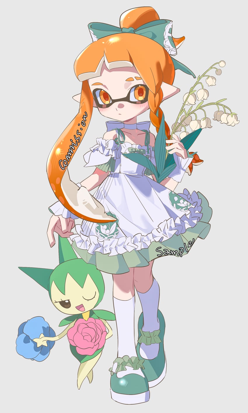 inkling player character, inkling girl, and roselia (pokemon and 1 more) drawn by namazuoku