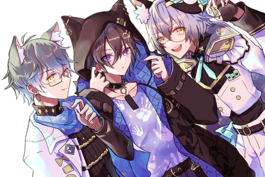 ike eveland, kanade izuru, and nekozeno shin (nijisanji and 3 more) drawn by 0_sakana_san