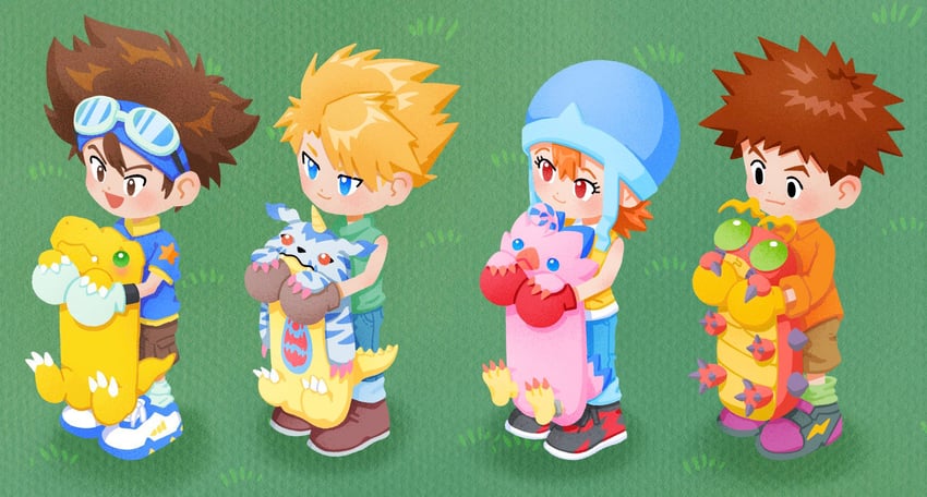 yagami taichi, agumon, takenouchi sora, ishida yamato, izumi koshiro, and 3 more (digimon and 1 more) drawn by isei0212