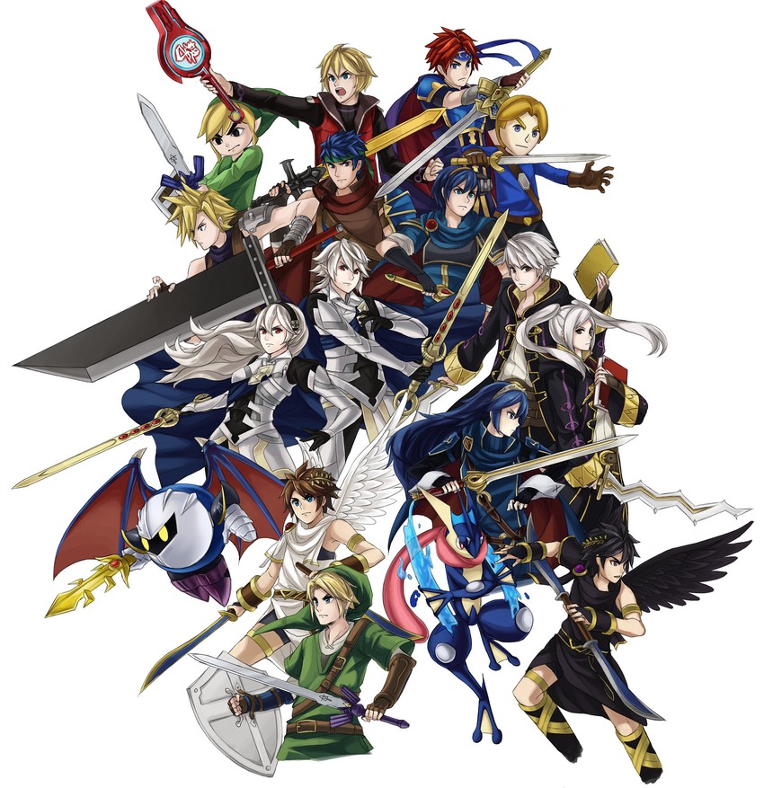 link, cloud strife, lucina, female corrin, ike, and 12 more (pokemon and 19 more) drawn by kamu_(kamuuei)