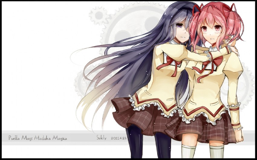 akemi homura and kaname madoka (mahou shoujo madoka magica) drawn by sukly