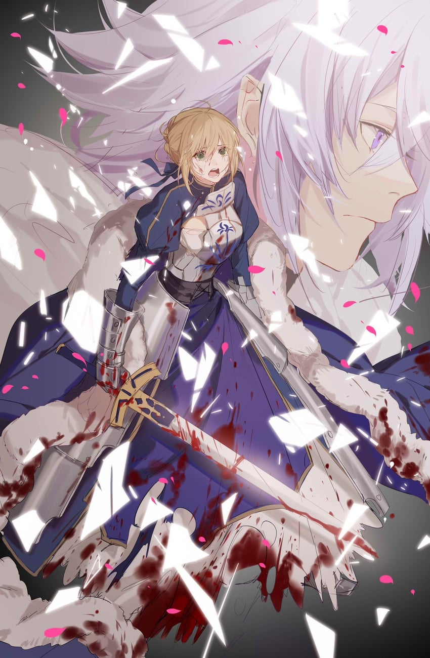 artoria pendragon, saber, and merlin (fate and 2 more) drawn by bsq