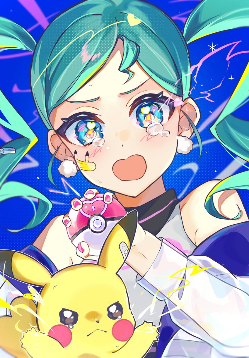 hatsune miku and pikachu (pokemon and 3 more) drawn by higuluma