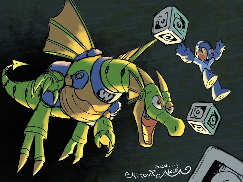 mega man and mecha dragon (mega man and 1 more) drawn by ariga_hitoshi