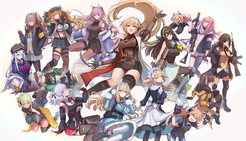 hk416, ump45, ump9, g11, m16a1, and 18 more (girls' frontline and 2 more) drawn by yotsuyama_(yomo8ama)
