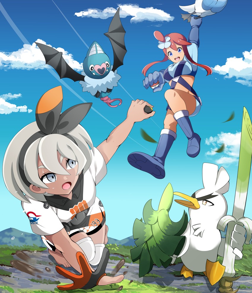 bea, skyla, sirfetch'd, swanna, and swoobat (pokemon and 2 more) drawn by arisu_(mikannjs)