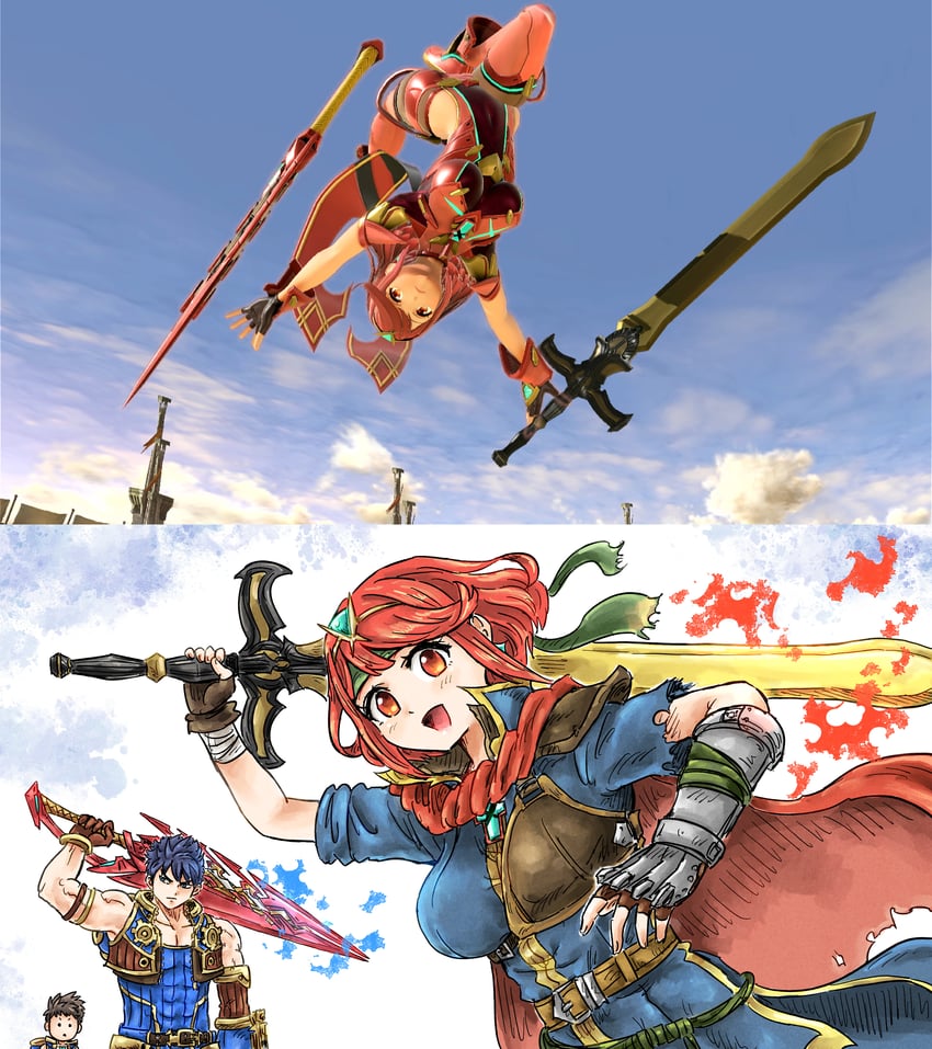 pyra, ike, and rex (fire emblem and 5 more) drawn by kicdon