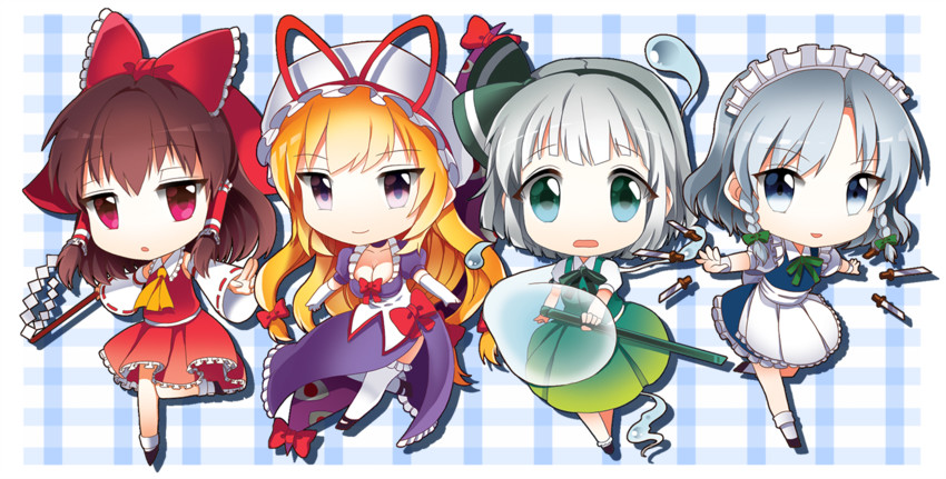 hakurei reimu, izayoi sakuya, konpaku youmu, and yakumo yukari (touhou) drawn by puchipu