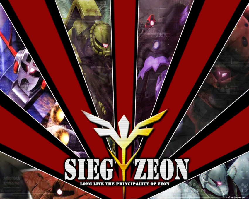 zaku ii, dom, z'gok, zeong, gelgoog, and 1 more (gundam and 1 more) drawn by manjikengo