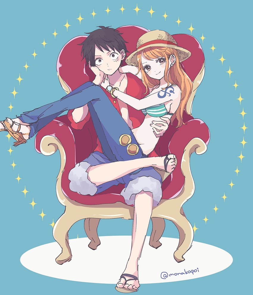 nami and monkey d. luffy (one piece) drawn by shinogo_no