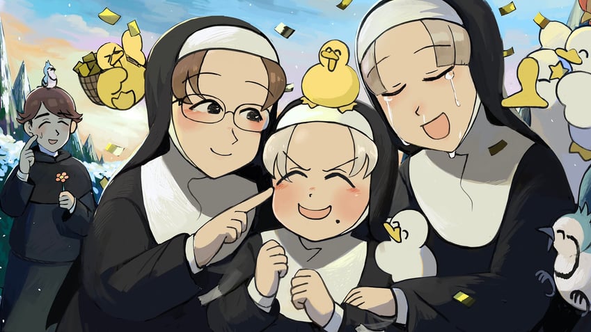 smug nun, parted grey nun, glasses nun's aunt, and blue jay monk (little nuns) drawn by diva_(hyxpk)