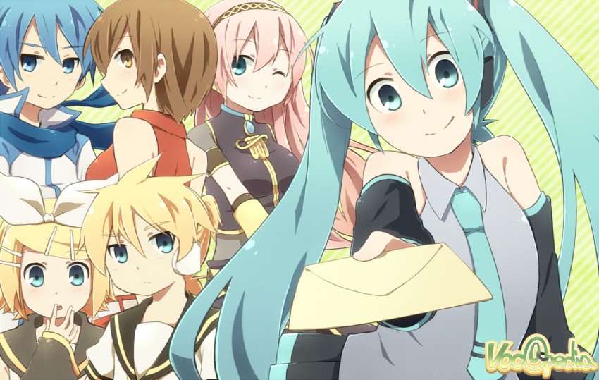 hatsune miku, kagamine rin, kagamine len, megurine luka, kaito, and 1 more (vocaloid) drawn by reki_(arequa)