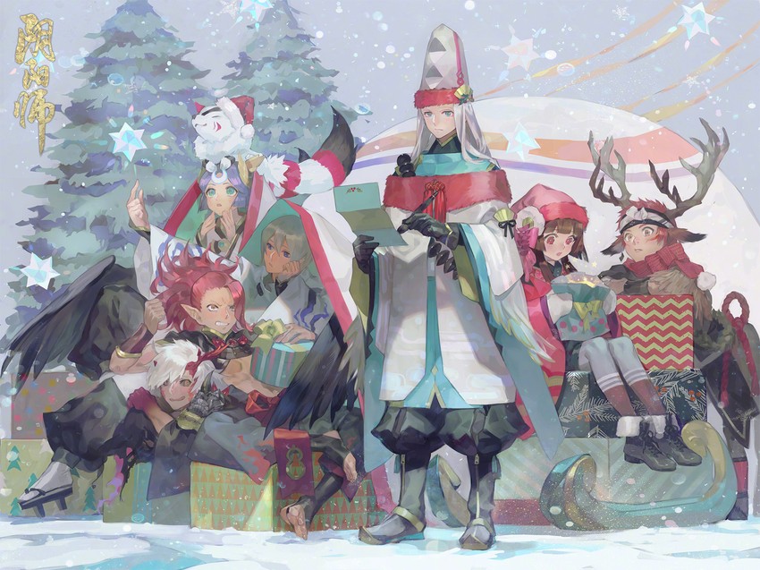 kagura, abe no seimei, ootengu, ibaraki douji, kaguya hime, and 3 more (onmyoji) drawn by nishihara_isao