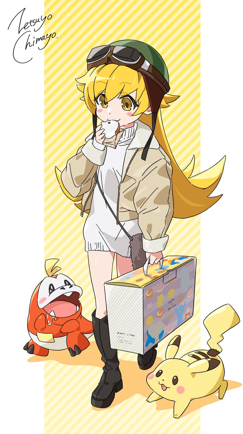 pikachu, oshino shinobu, and fuecoco (pokemon and 2 more) drawn by zetsuyo_chimayo