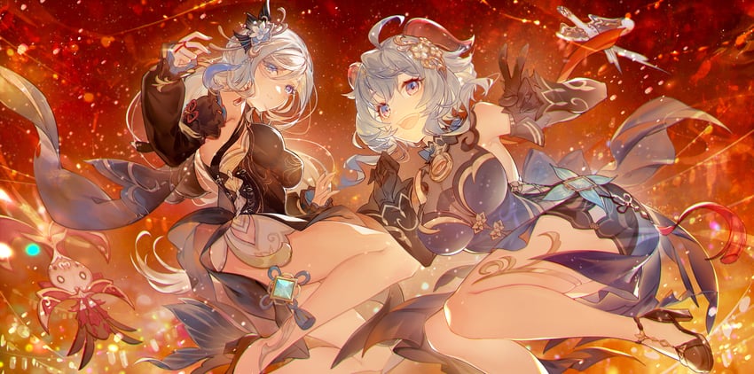 ganyu, shenhe, and whopperflower (genshin impact) drawn by a-ton